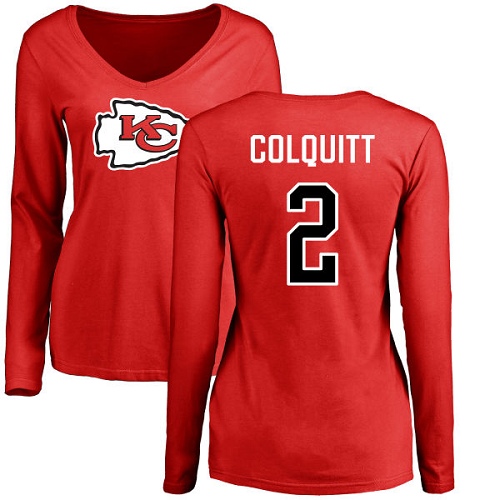 Women Kansas City Chiefs 2 Colquitt Dustin Red Name and Number Logo Slim Fit Long Sleeve TShirt